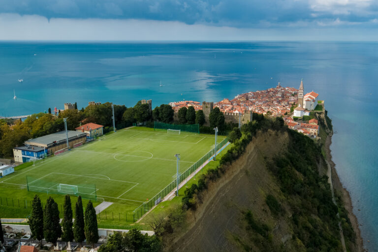 Football field of piran as seen from a drone