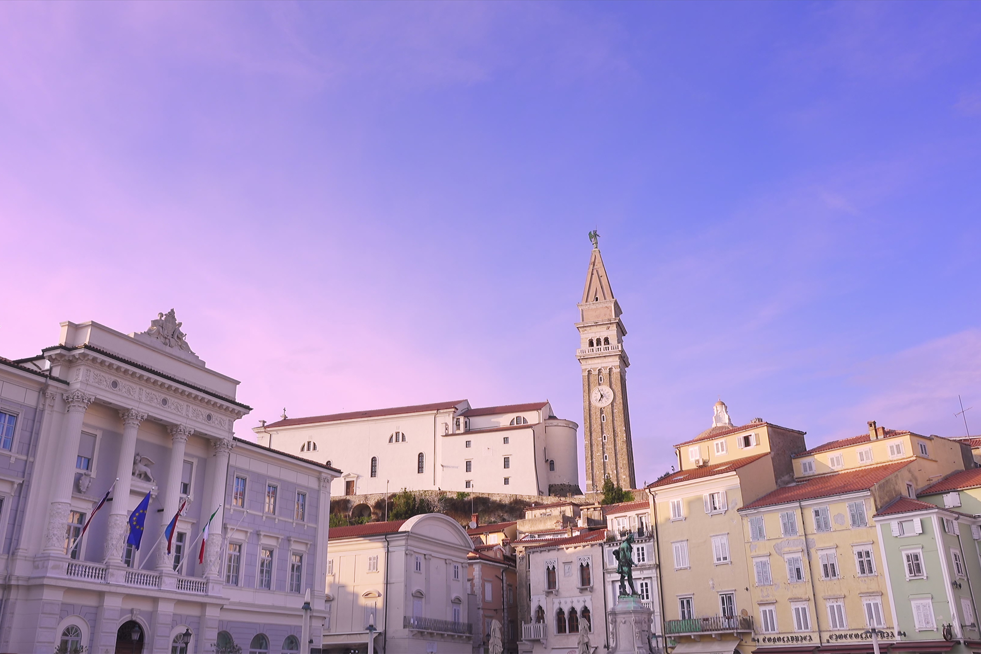 Beautiful sunset on Tartini Square in Piran, Slovenia